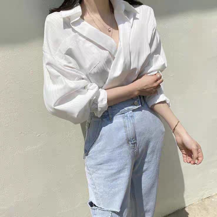 2024 Spring and Autumn New Korean Chic Gentle Striped White Collar Single breasted Loose Casual Long Sleeve Shirt_voghion.com