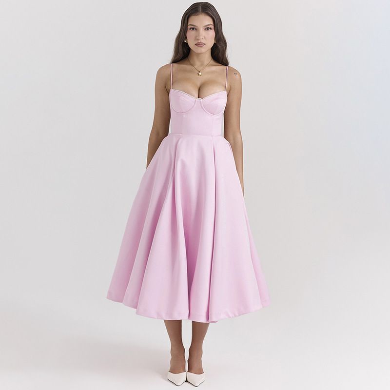 Elegantes V-Ausschnitt-Korsett-Midikleid mit Bügeln und A-Linien-Silhouette – Schlankmachendes Sommer-Basic für Damen_voghion.com