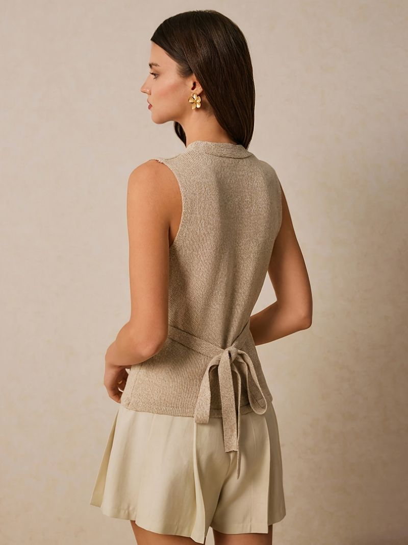 Strickweste mit V-Ausschnitt in Seidenoptik – Leichte Polyester-Strickjacke mit Perlmuttknöpfen (S-XL, atmungsaktiv und bürotauglich, Elfenbein/Schwarz/Weiß, gerader Schnitt)_voghion.com