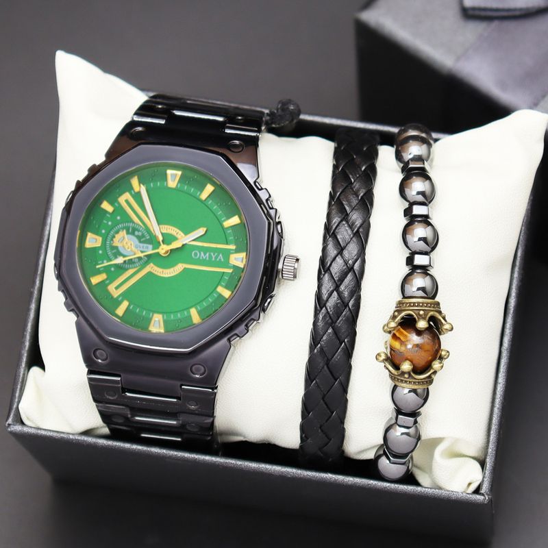 Geschenkbox Uhrenset Herren Quarz Wasserdicht Kalender Uhr Armband Stahlband_voghion.com