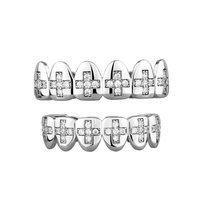 Grillz a croce placcati in oro Hip Hop con zirconi cubici micro-pavé - Gioielli dentali geometrici unisex per Halloween e feste, set superiore/inferiore_voghion.com