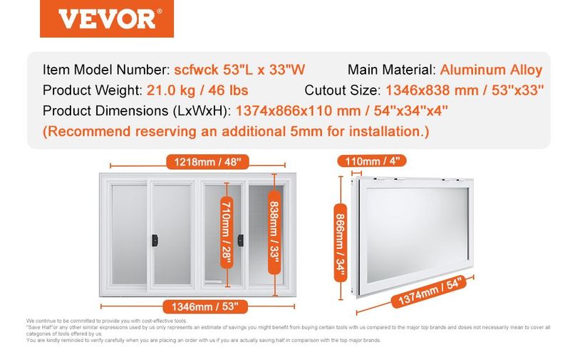 VEVOR Concession Window 53"x33", Aluminum Alloy Food Truck Service Window With 4 Horizontal Sliding Windows & Awning Door & Drag Hook, Up To 85 Degrees Serving Window For Food Truck Concession Trailer_voghion.com