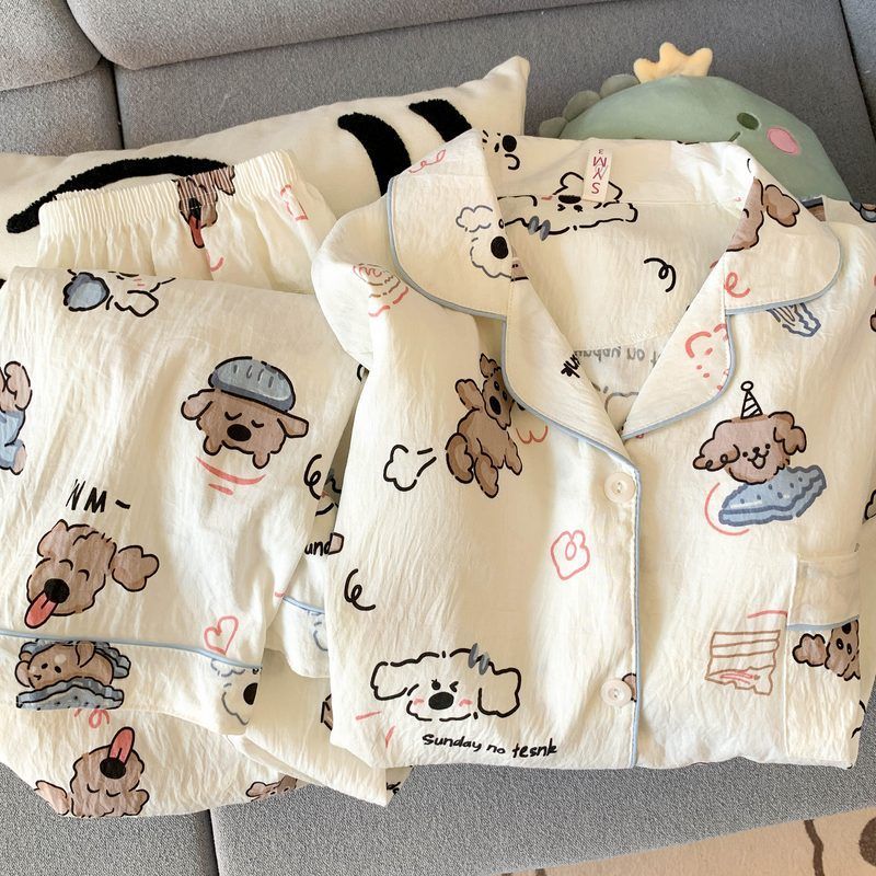 【Cloud Cotton】 Lustiger großer Hundepyjama für Damen im Frühlings- und Herbststil, lange Ärmel, süßes zweiteiliges Set für Mädchen_voghion.com