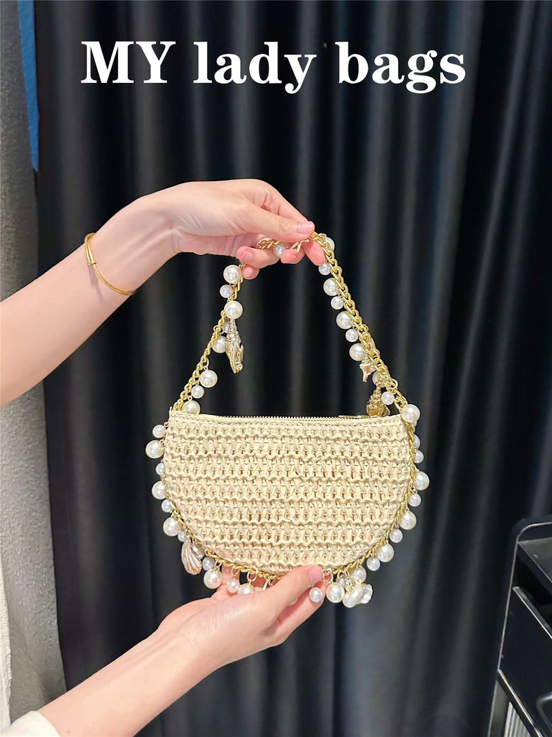 Niche Design New Natural Conch Pearl Chain Beach Vacation High-end French Style Round Straw Bag For Women_voghion.com