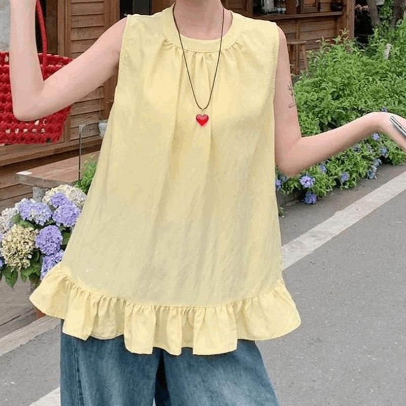 Design Sense Gilet con volant alla francese per donna 2025 Nuovo stile coreano, pullover versatile, senza maniche, alla moda_voghion.com