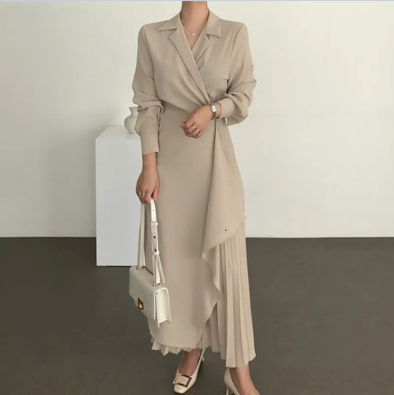 Abito camicia elegante formale da donna Abito lungo retrò tinta unita a vita lunga_voghion.com