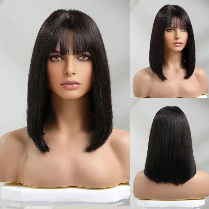 Honigblonder Bob, 100 % Remy-Menschenhaar, für Damen, kurze, natürliche, glatte Perücken, Pony, 10 Zoll, Perücke für den Alltag_voghion.com