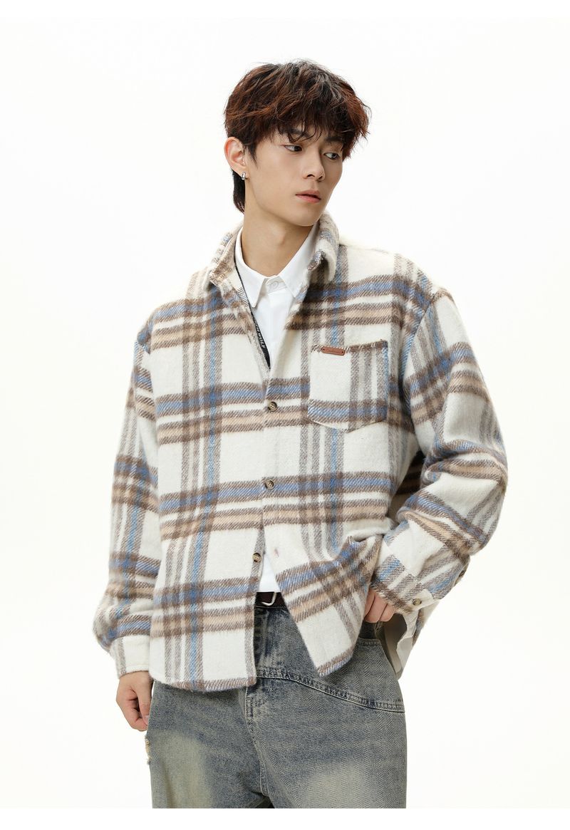 Men's Checkered Wool-Blend Long Sleeve Shirt, Oversized Retro Fall Shacket With Color-Blocking Design, Thickened Casual Streetwear Top_voghion.com