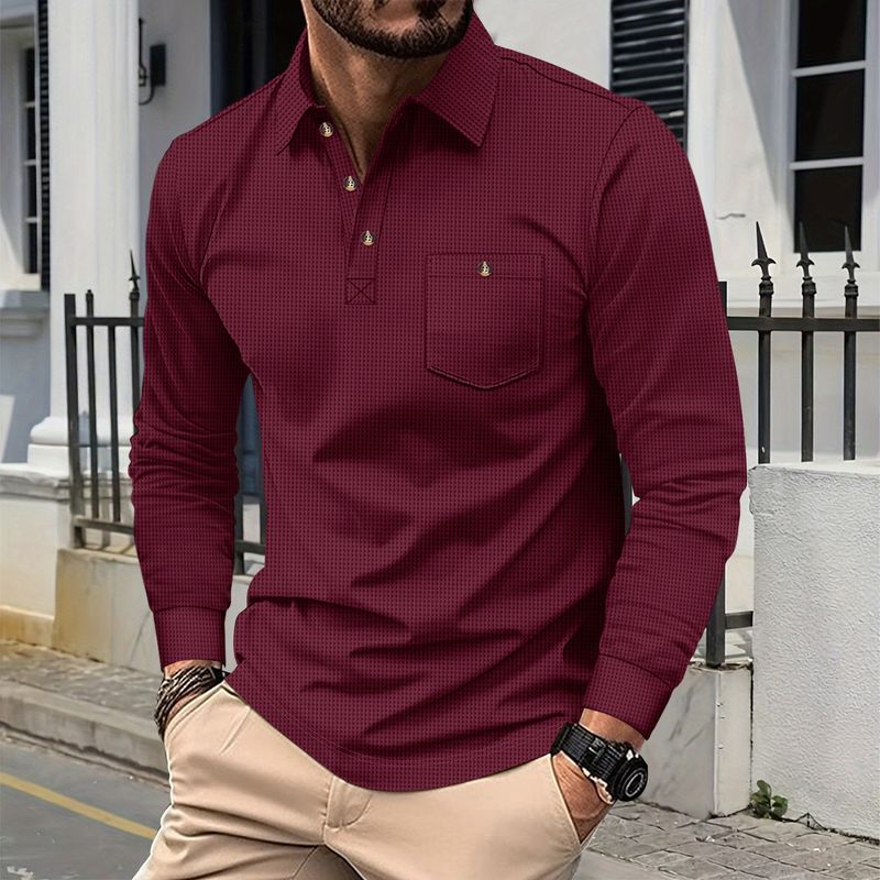 Klassisches Poloshirt aus Waffelstrick – Langarm-Knopfkragen mit Tasche (Khaki/Schwarz/Grau/Weinrot/Grün/Weiß, S-XXXL)_voghion.com