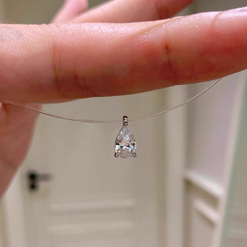Mermaid's Tears Halskette mit Anhänger aus reinem Silber mit Wassertropfen und Moissanit, unsichtbare Fischleine, ultrafeine Hals- und Schlüsselbeinkette_voghion.com