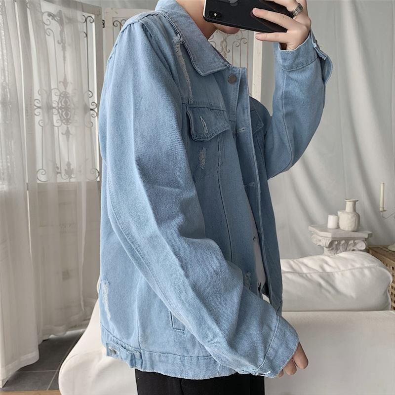 Con foro Giacca in denim da uomo lavata a bordo Capispalla invernale indossato casual in tessuto Rock Fashion Y2k Blu Jeans da uomo Cappotti strappati_voghion.com