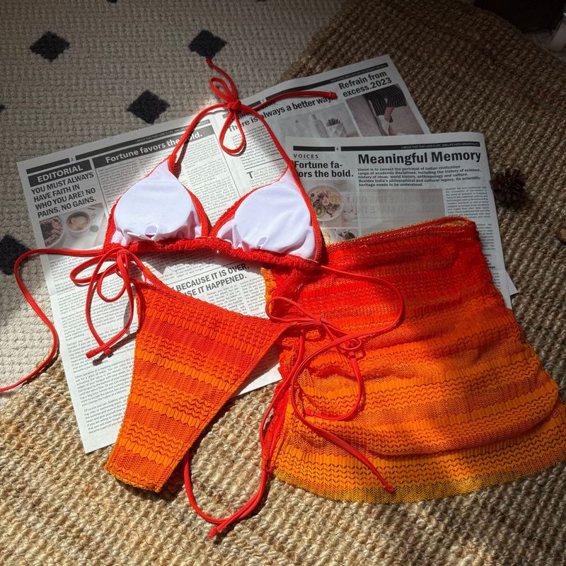 2025 New European And American Gradient Mesh Three Piece Beach Short Skirt Sexy Bikini_voghion.com