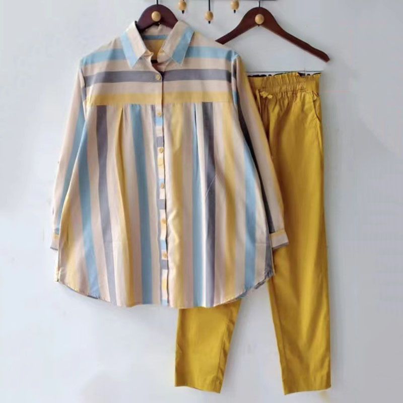 Tuta sportiva a due pezzi da donna primavera e autunno di grandi dimensioni con colletto POLO a righe MM a maniche lunghe, tuta sportiva alla moda_voghion.com