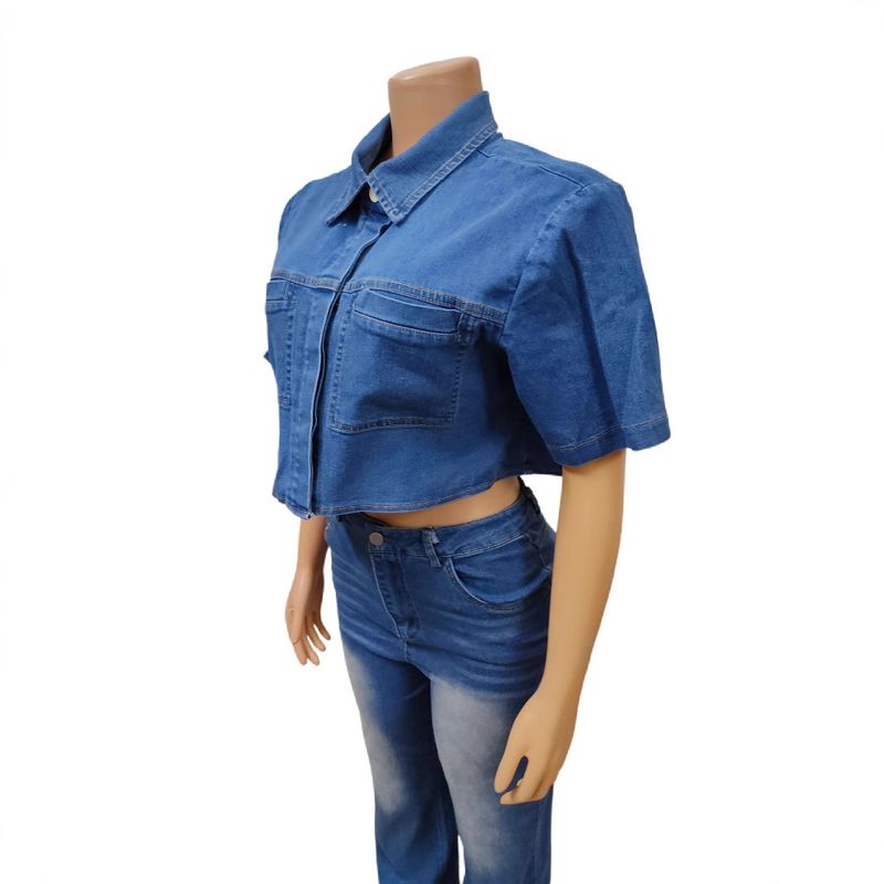 Damenbekleidung Nähte Reverstasche Arbeitskleidung Denim Top Hosenanzug Zweiteiliger Anzug_voghion.com