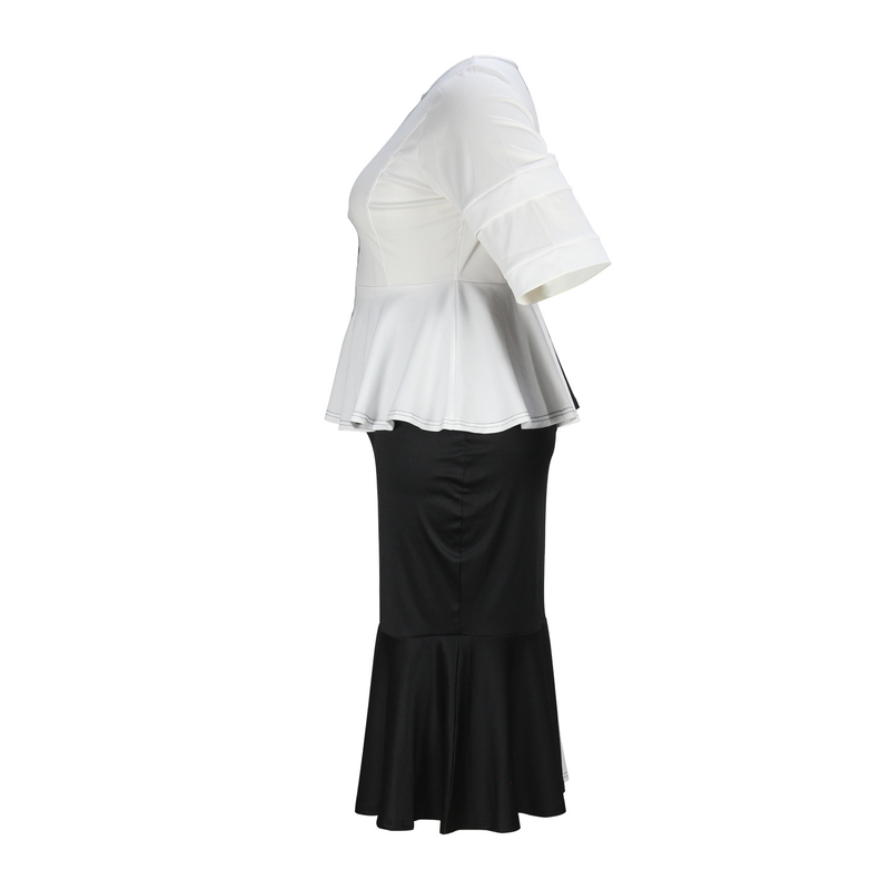black and white contrasting color stitching beaded top fishtail skirt plus size suit_voghion.com