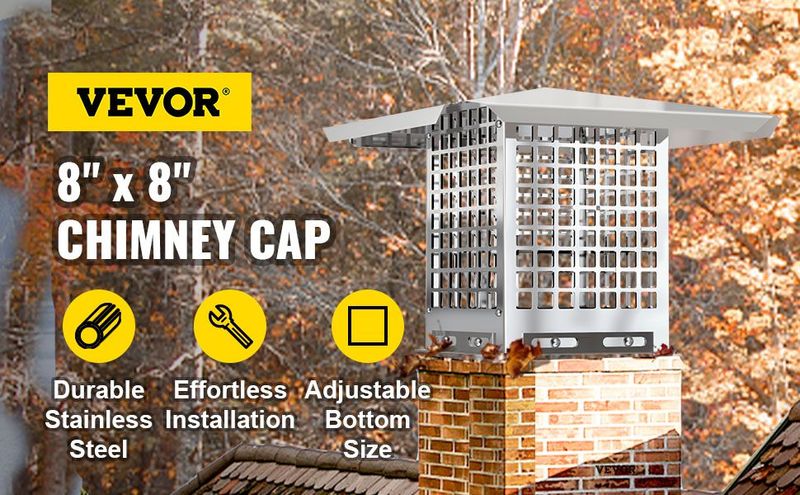 VEVOR Chimney Cap, 8" X 8" Flue Caps, 304 Stainless Steel Fireplace Chimney Cover, Adjustable Metal Spark Arrestor With Bolts Screws, Mesh Chimney Flue Cover For Outside Existing Clay Flue Tile_voghion.com