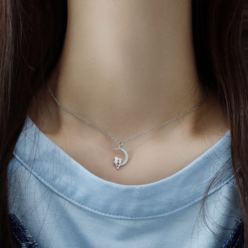 Pronta consegna originale Sterg cristallo luna gatto ciondolo collane per le donne argento femminile Chokers gioielli Collares Para Mujer_voghion.com