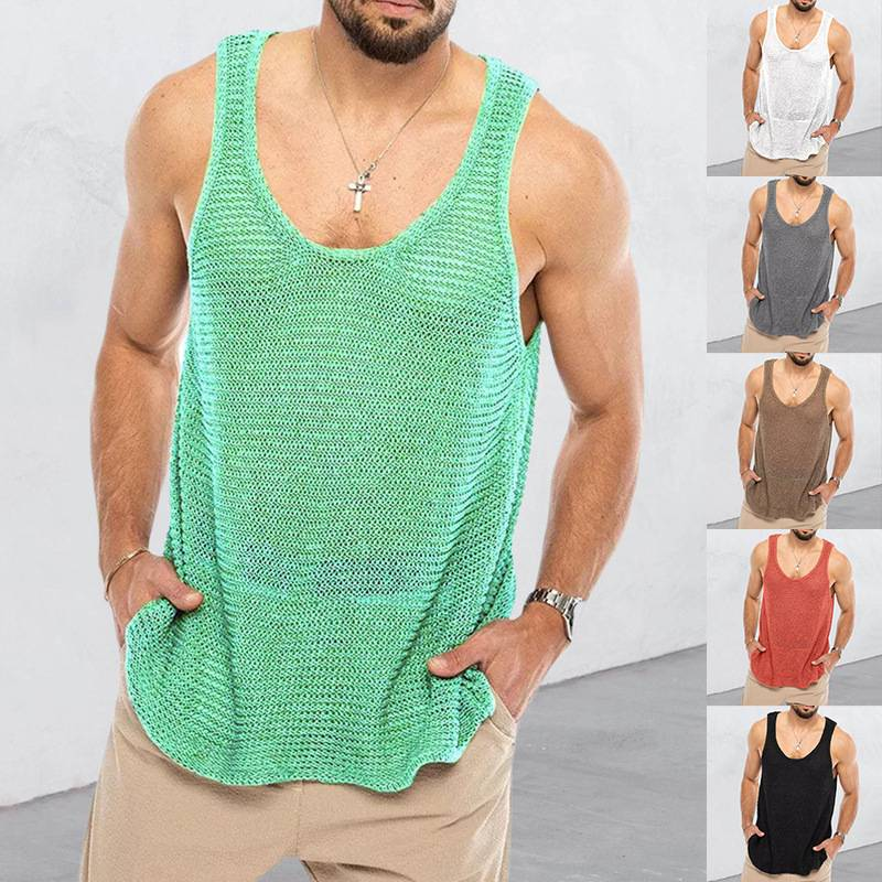 Summer 2025 Fashion Men Round Collar Pure Color Sleeveless Loose Kniting Vest M-3XL_voghion.com