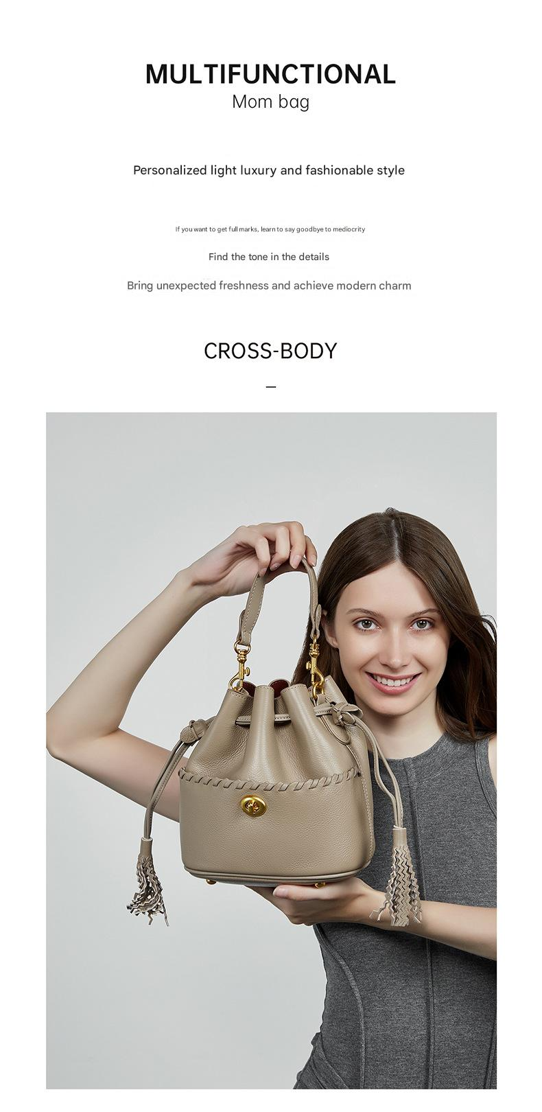 KOSE High-grade First-layer Cowhide Bucket Bag New Genuine Leather Women's Bag Tassel Niche Drawstring Shoulder Messenger Bag_voghion.com