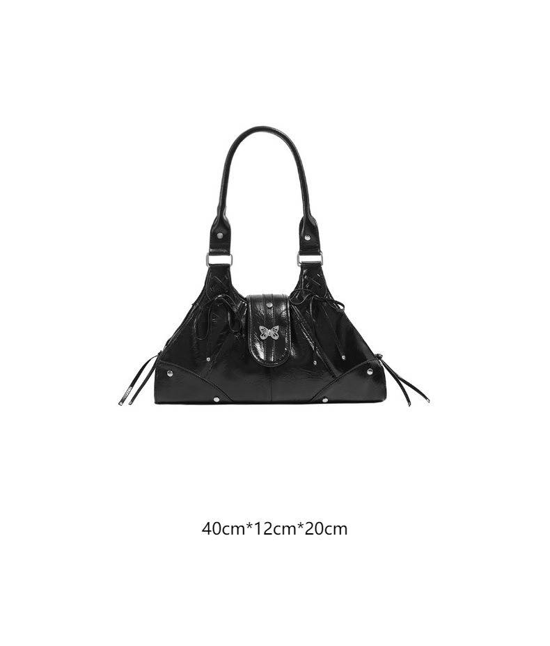 Sac fourre-tout tendance à imprimé papillon pour femme - Sac à bandoulière élégant et spacieux avec détails rivetés, sac fourre-tout noir de taille moyenne et grande capacité_voghion.com