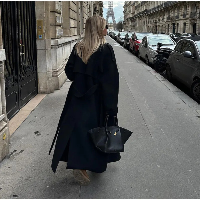 Women's Long Trench Coat - Spring Elegant Double-Breasted Lapel Jacket, Loose Fit Polyester Overcoat For Casual & Office, Beige/Black/Navy_voghion.com