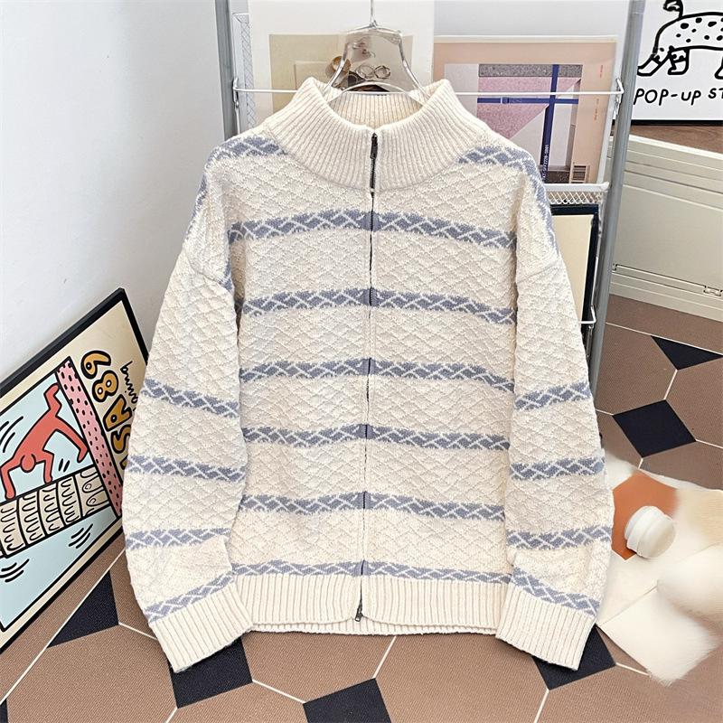 Men's Clothing Sweater Unisex Striped Zip-Up Knit Sweater - Soft Comfortable Loose Fit Long Sleeve Pullover For Men & Women (White, Navy, Brown)_voghion.com