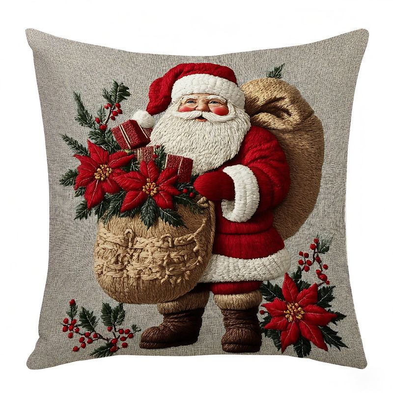 Federa per cuscino natalizia in lino corto, in peluche, con ghirlanda di fiori e campanelle di Babbo Natale, decorazione per divano_voghion.com