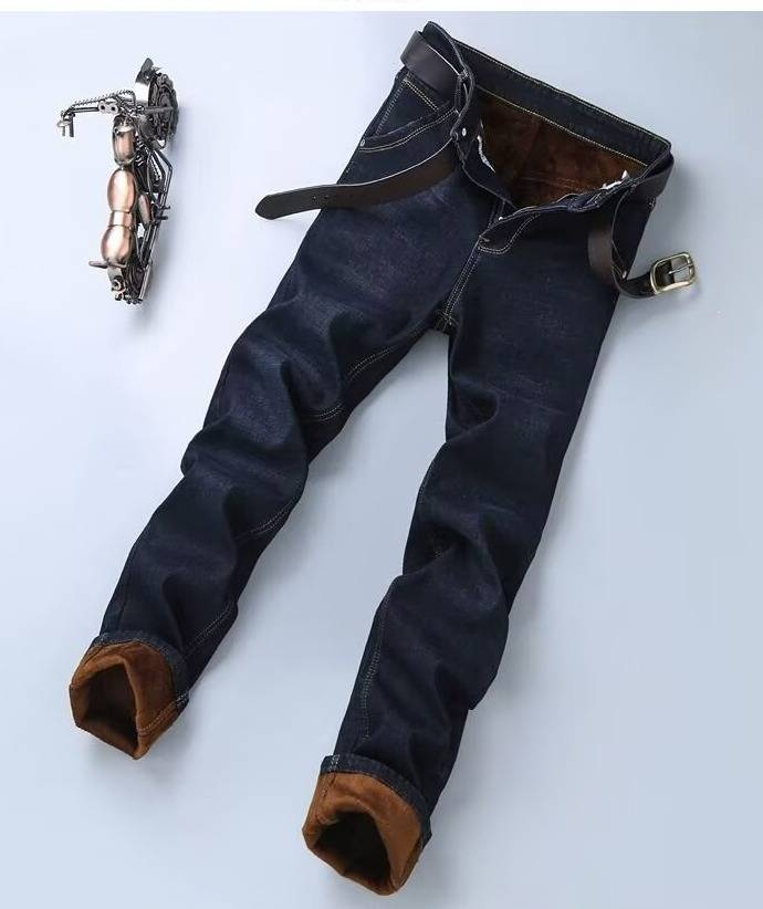 Herrenjeans mit Fleecefutter und geradem Bein – warme, lässige Jeanshose für den Winter mit bequemem Stretch und klassischer Waschung (Schwarz/Blau)_voghion.com