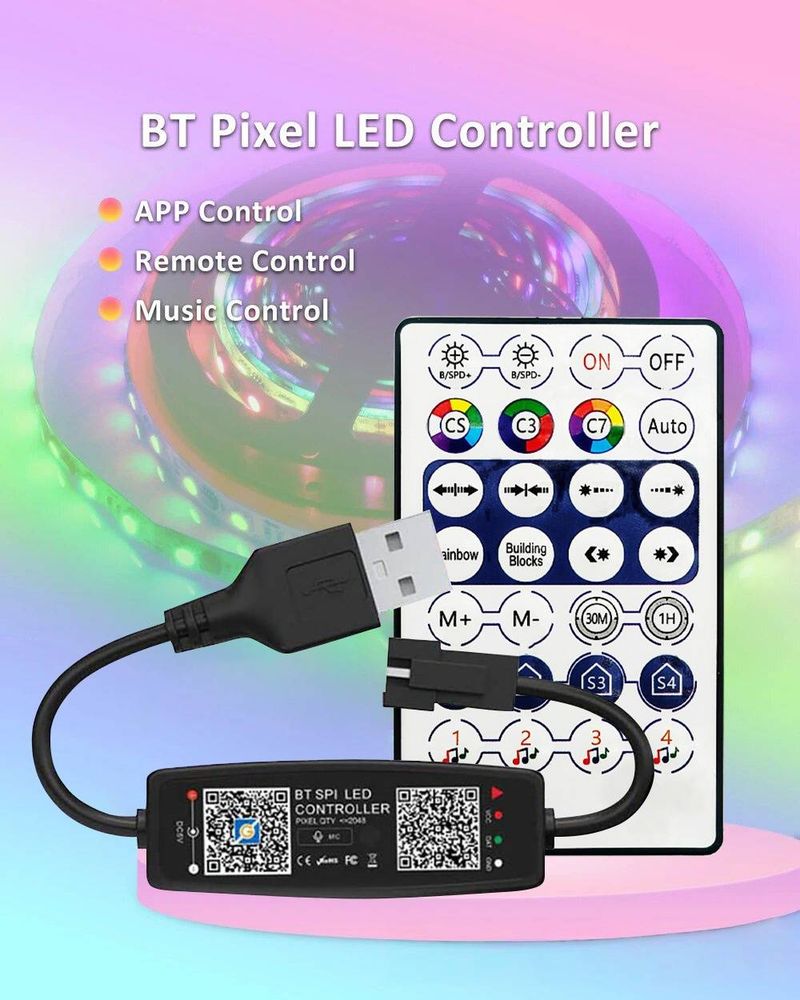 Contrôleur de bande LED 5 V USB Bluetooth et IR à double contrôle – Télécommande 28 touches + synchronisation via application pour éclairages RVB WS2812 (portée 40 m, certifié CE)_voghion.com