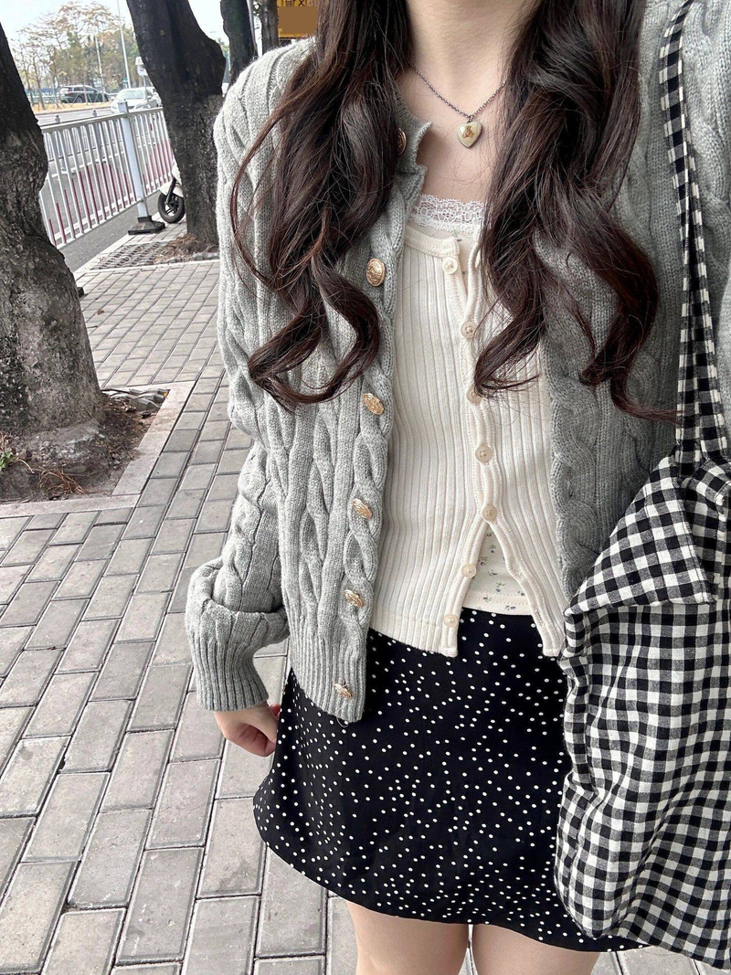 Cardigan en tricot pour femme - Style coréen, automne-hiver, manteau vintage en tricot torsadé ouvert sur le devant avec boutons (vert olive, café, bleu marine)_voghion.com