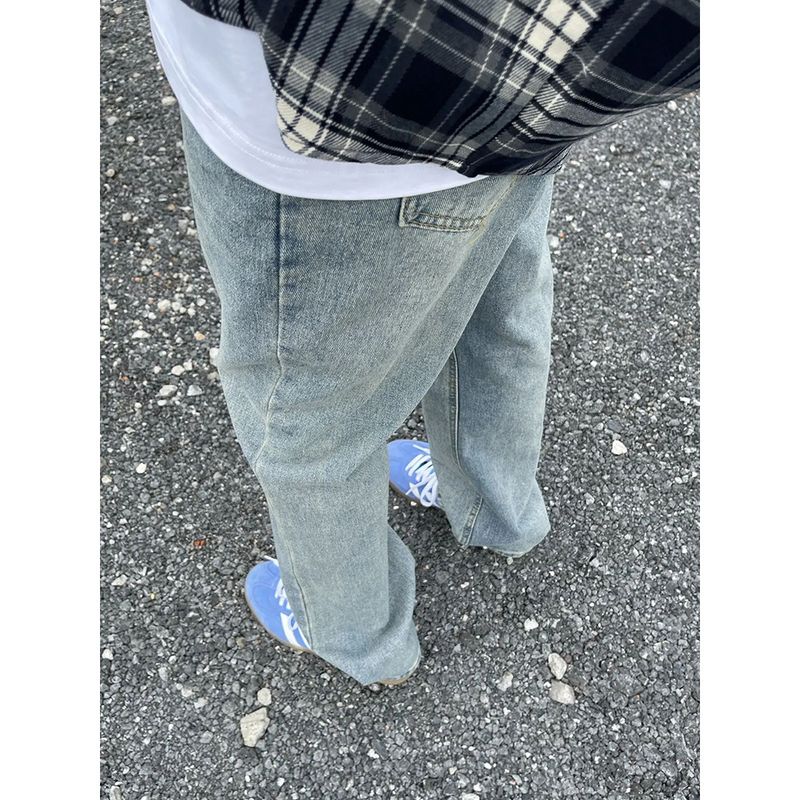 Herenkleding High Street Stijl Strakke pasvorm Slim Straight Leg Lightning Wash Jeans Slim Straight Bootcut Denim Broek Voor Zomer Casual Streetwear_voghion.com