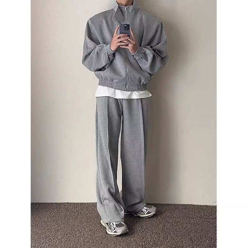 Vêtements pour hommes décontractés amples épaulettes col montant pull costume hommes automne sport deux pièces costume tendance garçons couleur unie_voghion.com