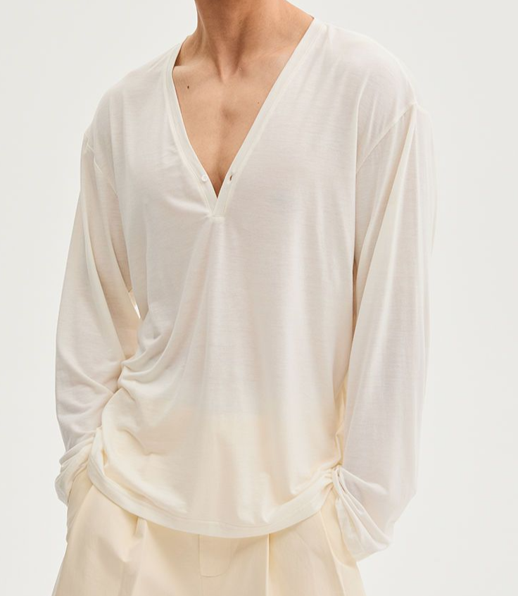Primavera Verão Novo Deep V Stretchable Top Camisa da Moda Manga Longa Cardigan Unissex_voghion.com