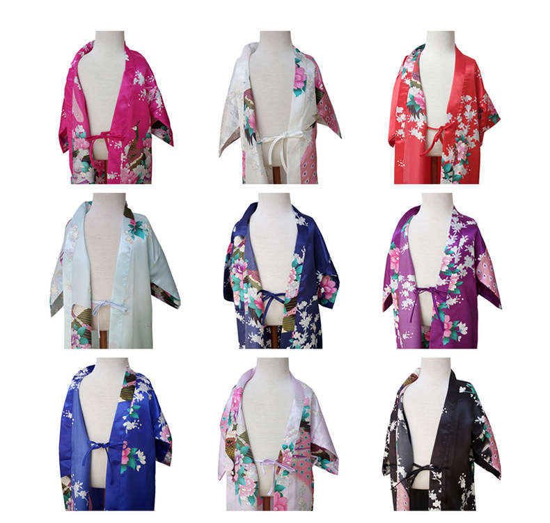 Women's clothing girl printed peacock peony long nightgown bathrobe summer thin imitation silk children's home cardigan robe_voghion.com