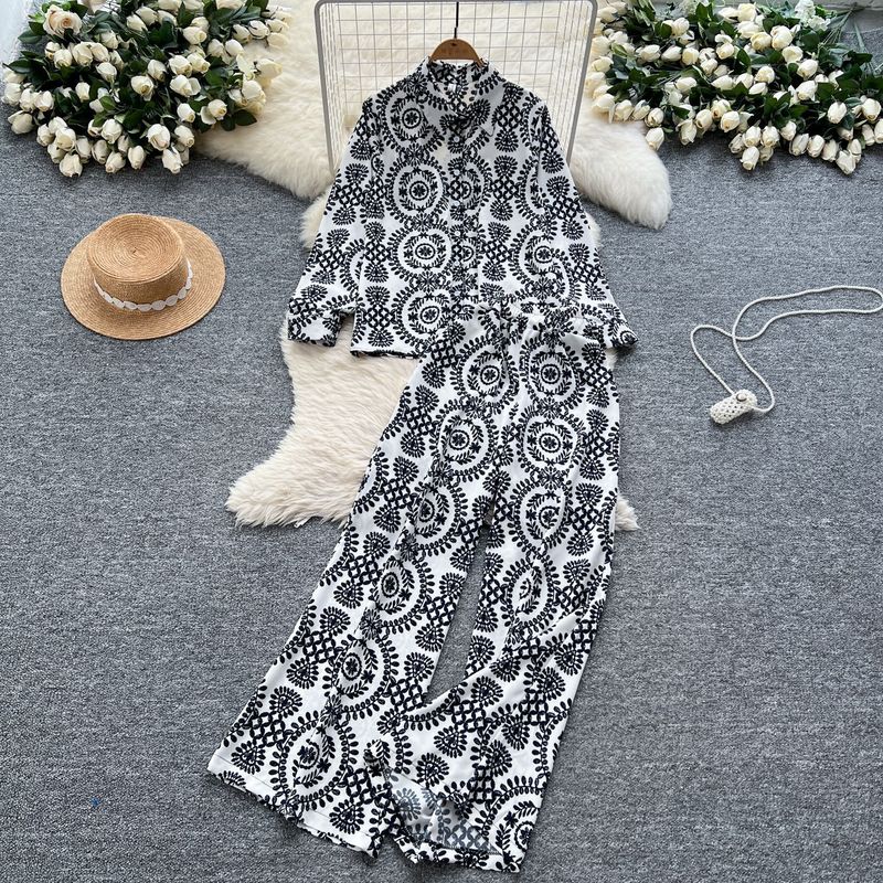 Damenbekleidung, modisch, locker, vielseitig, langärmelig, bedrucktes Hemd + lässiger Hosenanzug mit hoher Taille und weitem Bein_voghion.com
