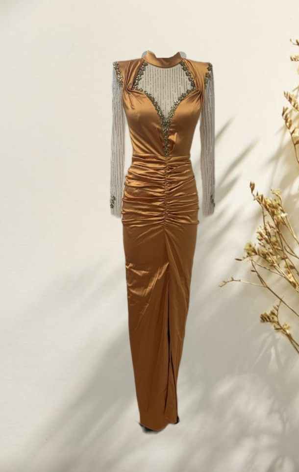 Robe de soirée élégante fendue à sequins dorés, en maille transparente et taille haute, idéale pour les soirées de gala - Robe de soirée à manches longues et col en U_voghion.com
