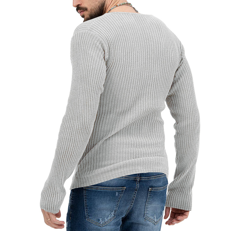 2023 Herren Casual Herbst Winter Tiefe V-Ausschnitt Slim Fit Langarm Einfarbig Gestricktes Basishemd Für Männer_voghion.com