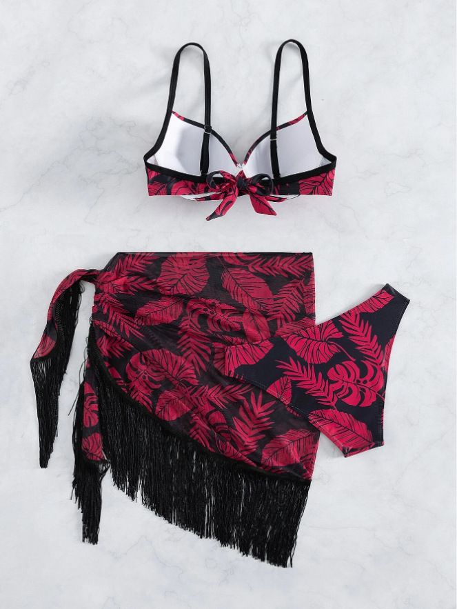Women's Clothing Three Piece Suit Bikini Tassel Print Swimsuit_voghion.com