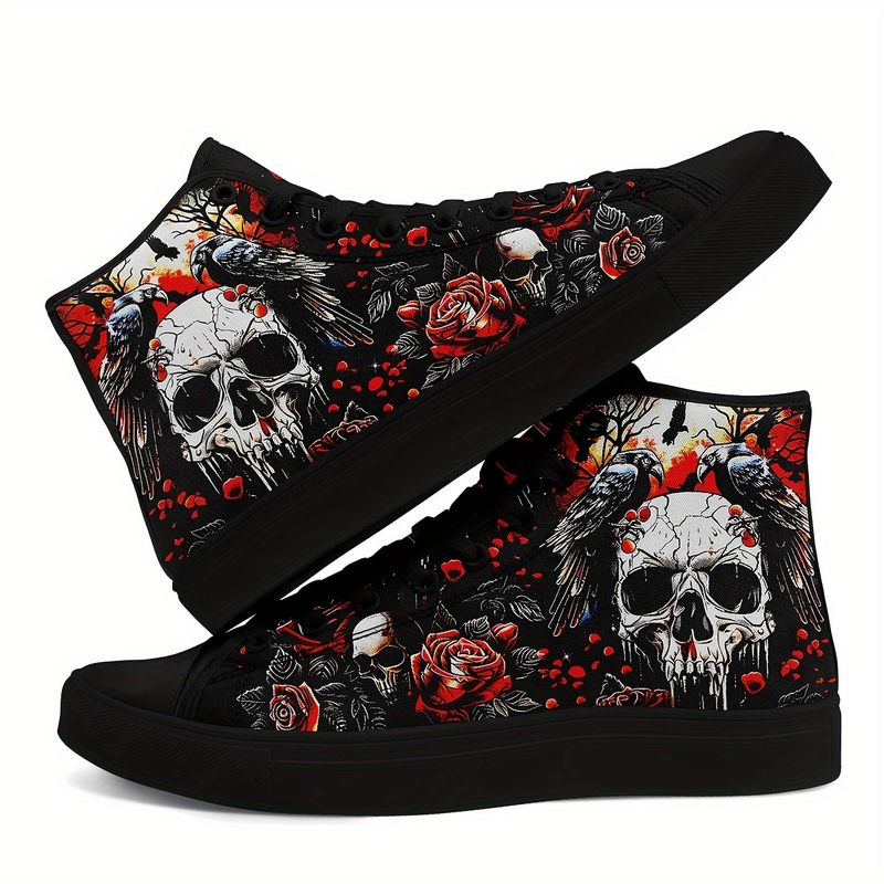 Dark Crow pour femme - Baskets montantes légères à semelle souple avec motif rose rouge et résistantes, style squelette décontracté_voghion.com