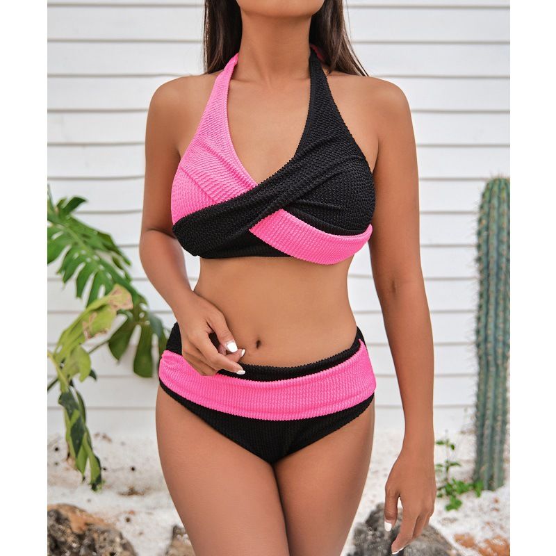New Color-coded Cross-neck Bikini High-waisted Two-piece Swimsuit_voghion.com