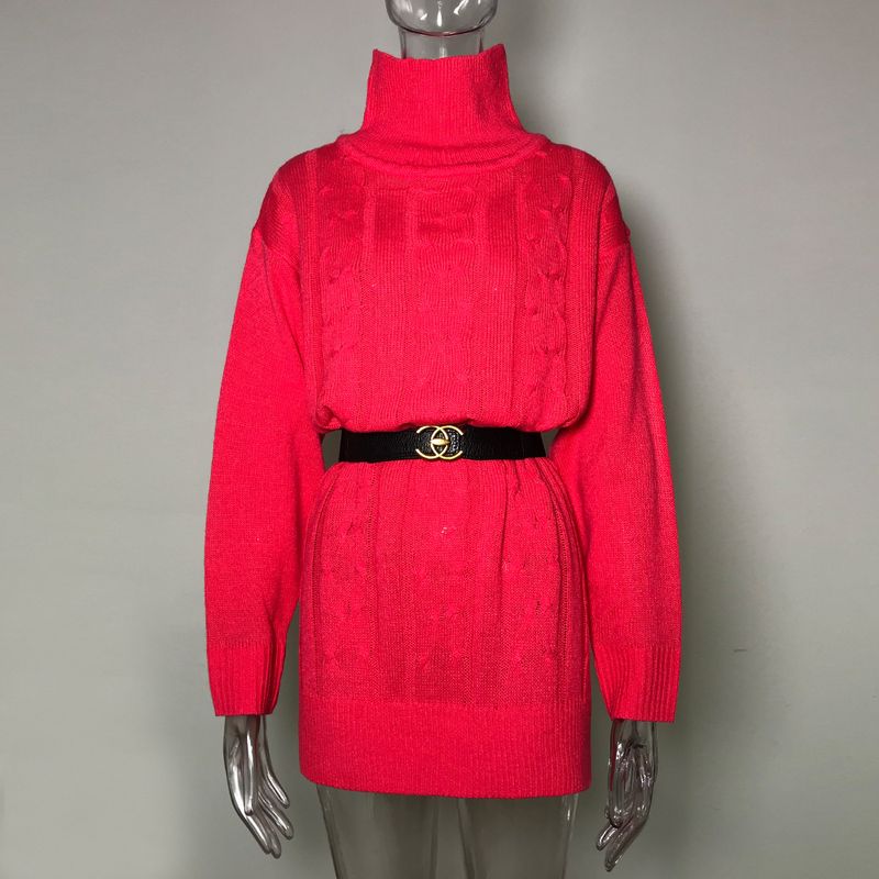 Women's loose turtleneck long sleeve twist knit sweater dress_voghion.com