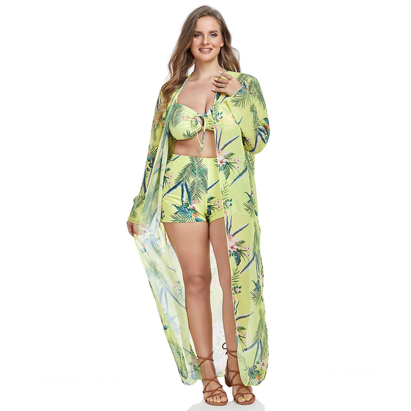 Large size swimsuit cross-border bikini print beach sun protection shirt cover up European and American swimsuit three piece set_voghion.com