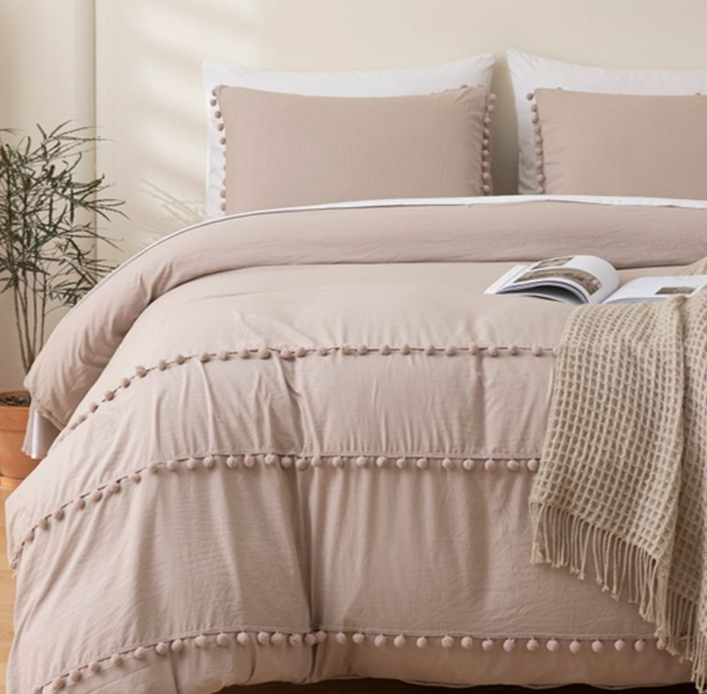 Bohemian Charm Bedding Collection - Twin/Queen Sizes With Pom-Pom Trim & Textured Throw | Premium Fiberglass Sheets_voghion.com