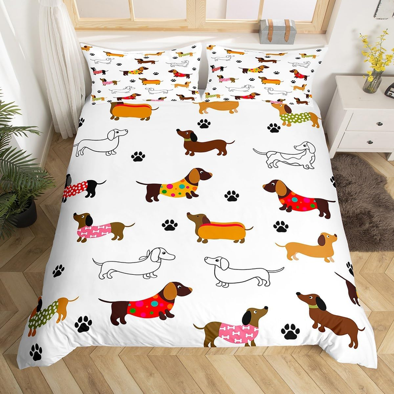 Cute Sausage Dog Duvet Cover Set Double Size For Kids Boys Girls Teens Dachshund Puppy Dog Bedding Set Cartoon Animals Comforter Cover With _voghion.com
