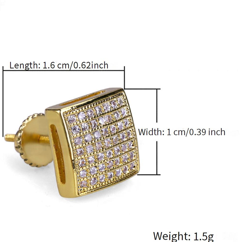 Orecchini a filo quadrati placcati in oro – Gioielli Hip Hop con micro intarsi in zirconi per uomo_voghion.com