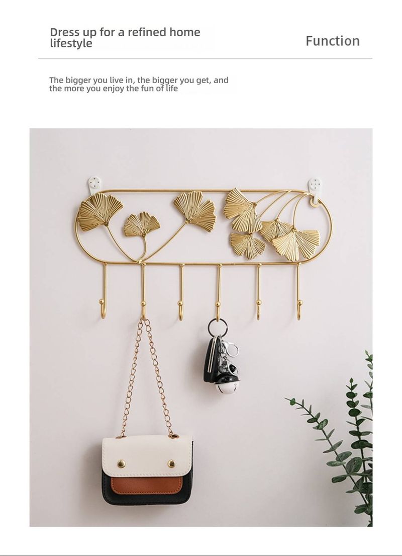 Elegante gancio da parete a forma di foglia di ginkgo - Portachiavi in ferro rustico per ingresso, attaccapanni e arredamento per la casa, design salvaspazio a 4/6 ganci, finitura dorata_voghion.com