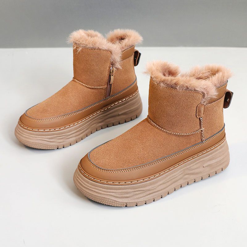 New 2024 Autumn Winter Korean Style Fleece-Lined Snow Boots For Women Solid Color Mid-Cut Height-Increasing_voghion.com