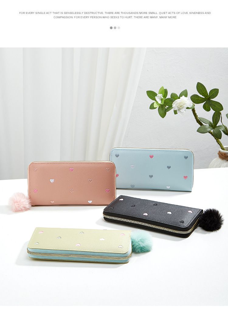 Women's Long Zip Wallet With Heart Embroidery - Fashionable Slim Clutch Purse (Multiple Card Slots, RFID Protection)_voghion.com