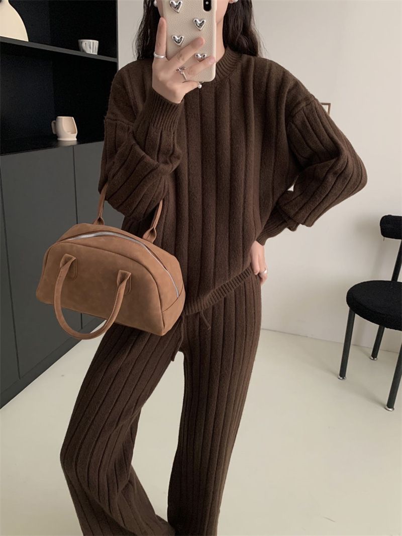 Plus Size Knit Sweater & Wide Leg Pants Set - Soft Ribbed Pullover & Flowy Lounge Trousers, Oversized Comfort Outfit For Women_voghion.com