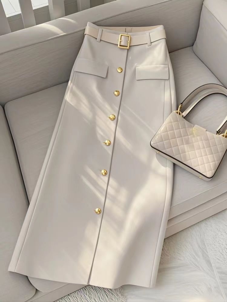 Gonna midi beige a trapezio per donna 2024 nuovo stile alla moda e sofisticato temperamento gonna lunga a forma di pera_voghion.com